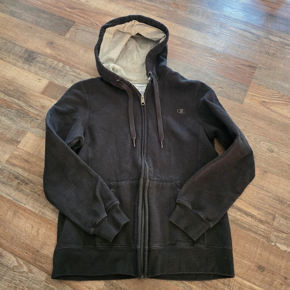 Champion Eco Authentic Zip Up‎ Hoodie Women Small Black Fleece Logo Sweatshirt